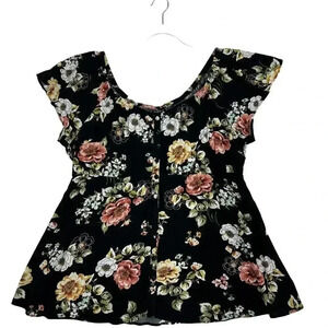 Torrid Black Floral Babydoll Crepe Off-Shoulder Top Sz 1 Boho Festival Button Up